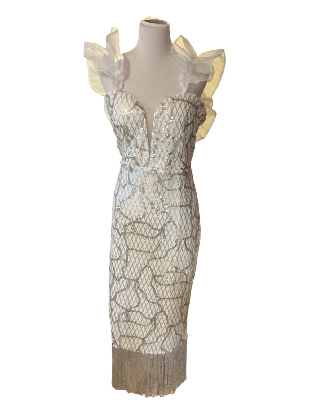 White Sequin Fringe Sheath Dress with Organza Ruffle Straps